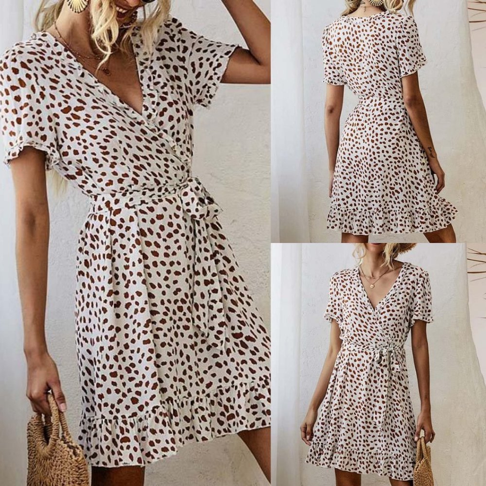 Playful Orange Spot Ruffle-Accent Faux Wrap Dress